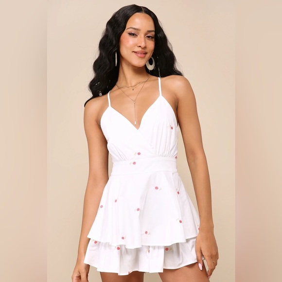 Lulus Size Large Lovely Intent White Floral Embroidered Backless Tiered Romper - Picture 1 of 7